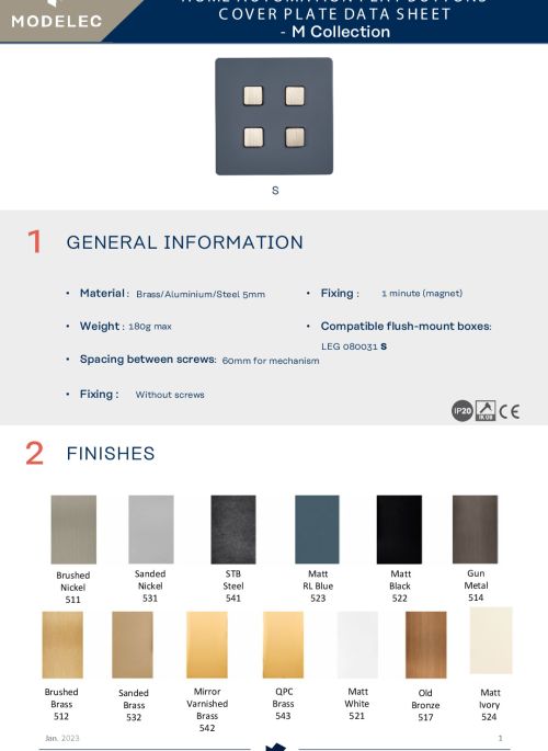Home automation flat buttons cover plate data sheet - M Collection