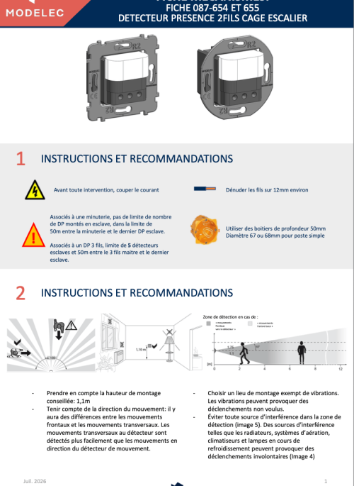 Fiche mécanisme 087-654 et 655 détecteur presence 2 fils cag escalier